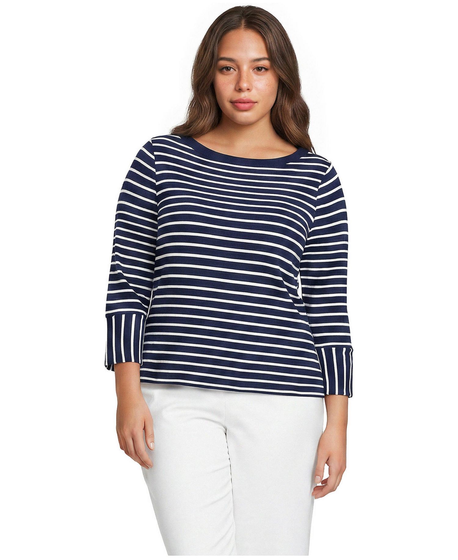 Plus Size Boat Neck 3/4-Sleeve Cotton T-Shirt