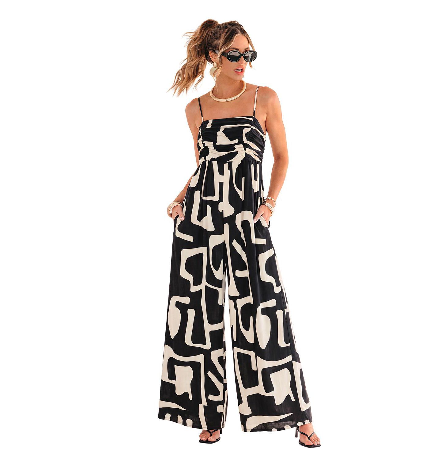 Женский комбинезон Cupshe Abstract Geometric Print Wide-Leg Jumpsuit, цвет: Чёрный — фото 1