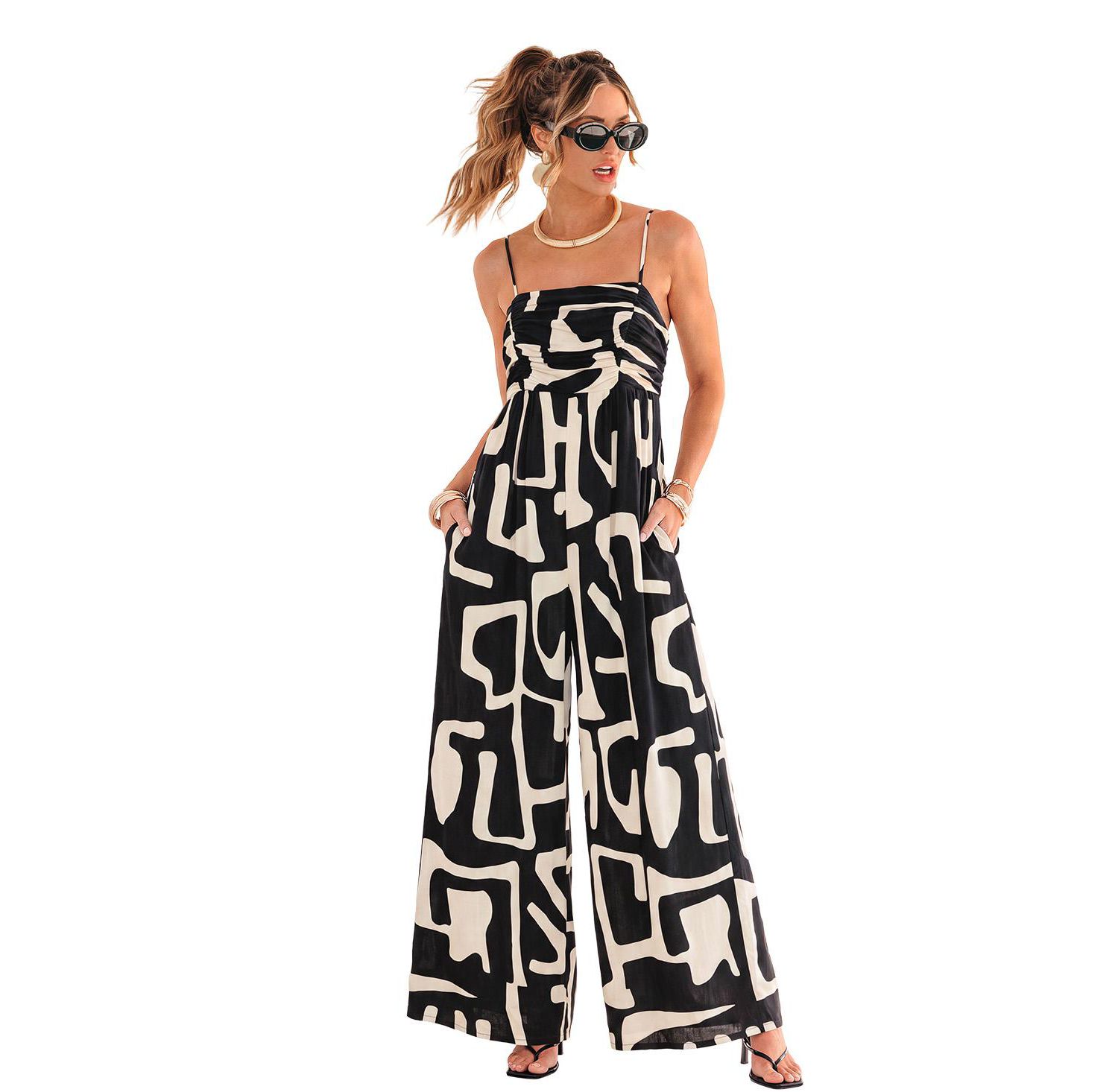 Women's Abstract Geometric Print Wide-Leg Jumpsuit