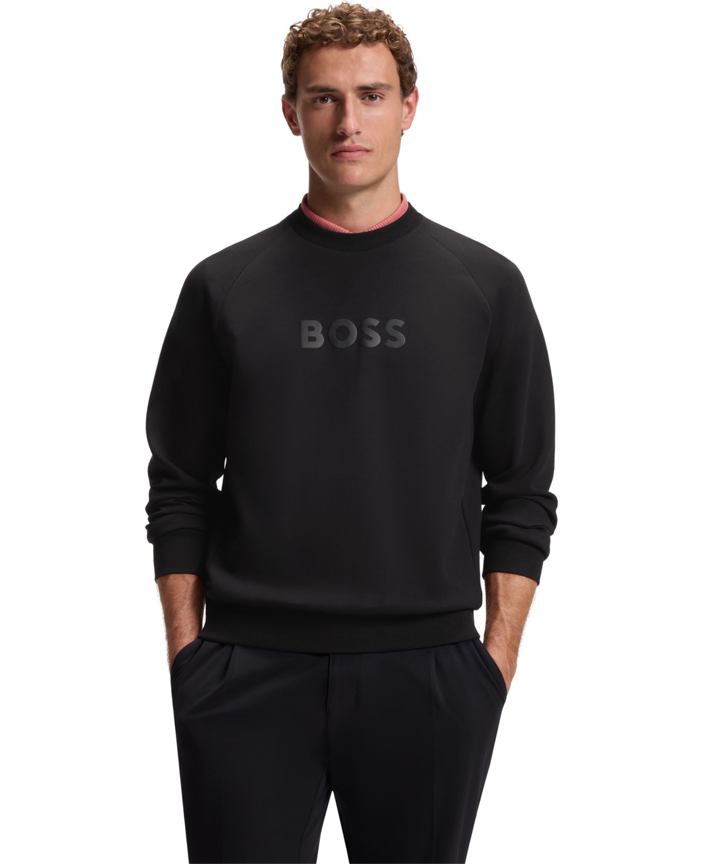 Мужская толстовка Hugo Boss BOSS by Salbo Puffed-Logo Regular-Fit Crewneck Cotton-Blend, цвет: Чёрный — фото 1