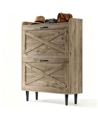 2-Drawer Barn Door Shoe Cabinet with Side Panel and MDF Top Shelf