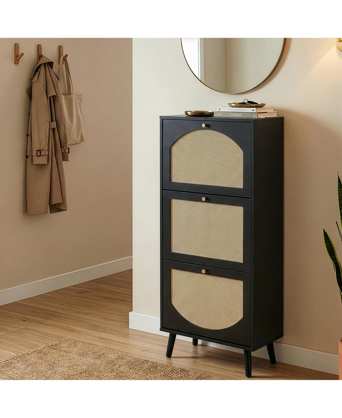 Slickblue Black Rattan Shoe Cabinet with 3-Tier Storage for Entryway