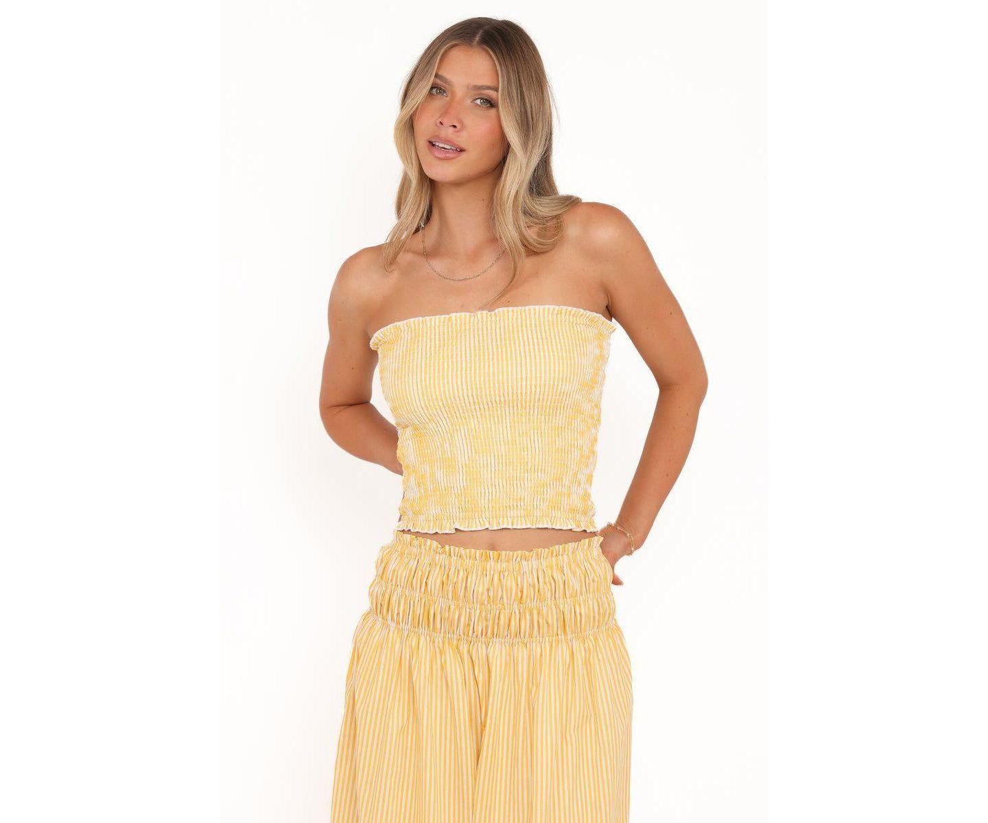 Женский топ Petal and Pup Salome Strapless Shirred Bodice Tube, цвет: Манговый полосатый — фото 1
