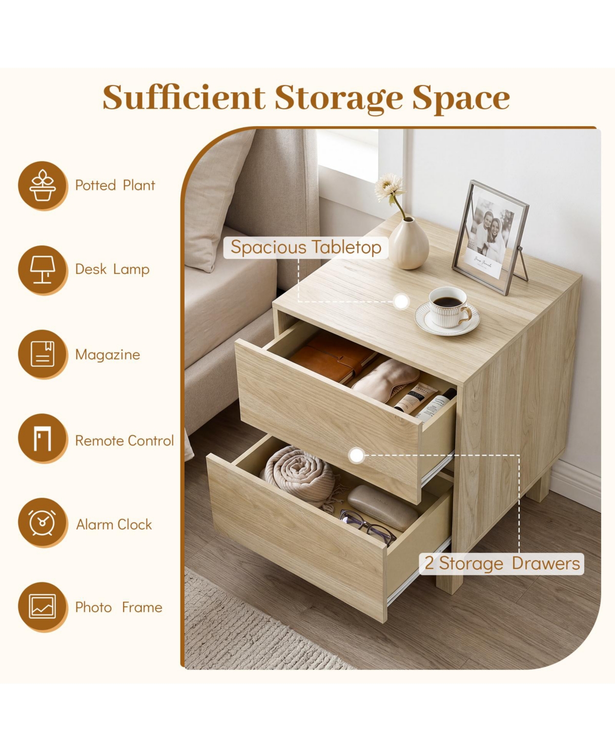 Gymax 2 Pieces Wooden Nightstand Modern End Table with 2 Storage Drawer Santi-Toppling Device