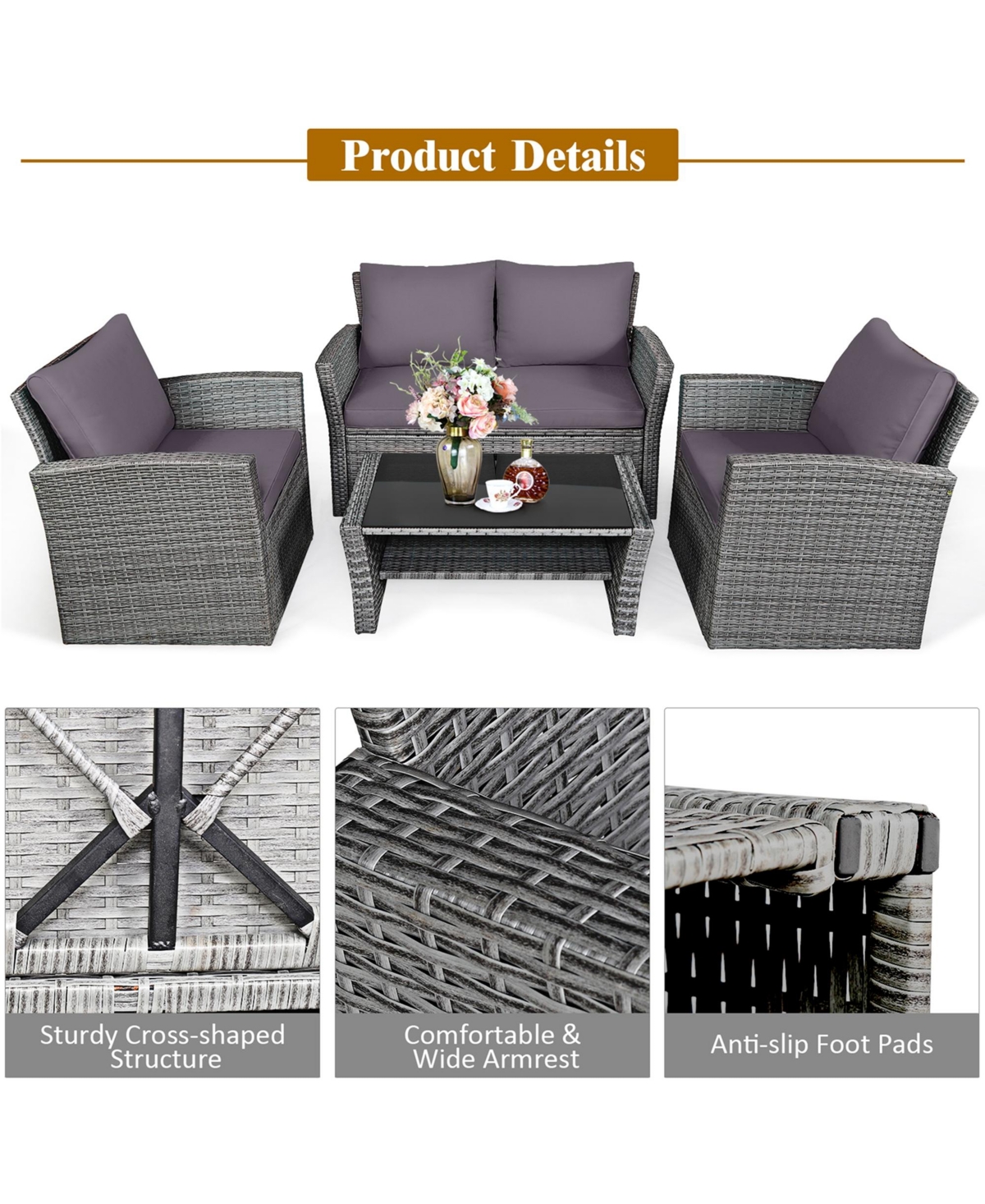 Costway 4Piece Patio Rattan Furniture Set Sofa Table With Storage Shelf