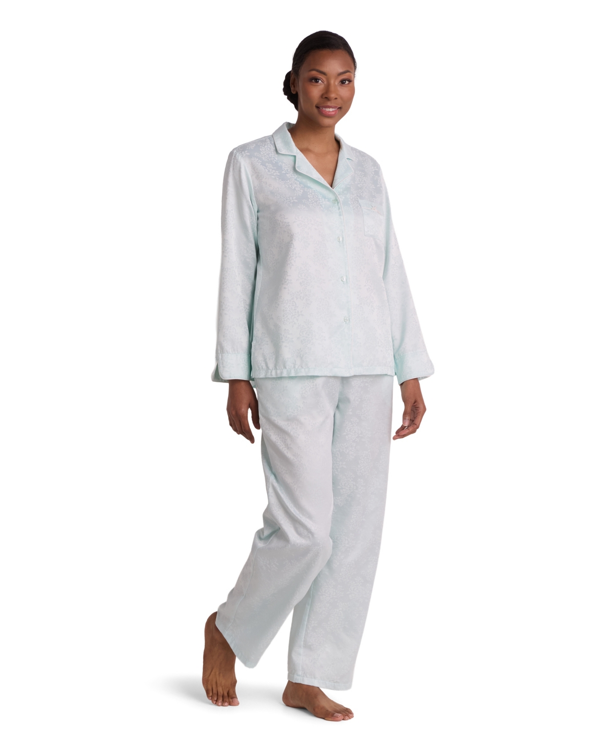 Miss Elaine Women's Brushed Back Satin Long-Sleeve V-Neckline Pajama Set - Mint