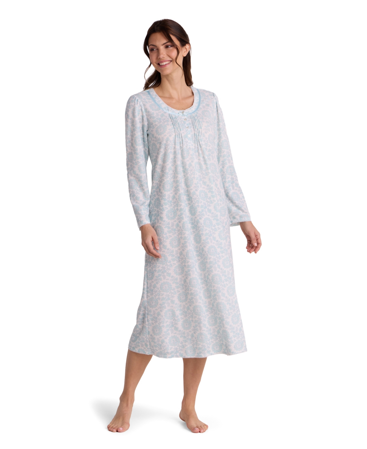Miss Elaine Women's Long-Sleeve Honeycomb-Knit Printed Gown - Aqua Damask