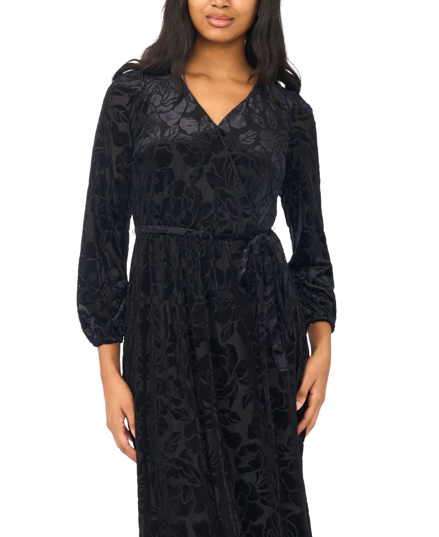 Женское платье MSK Floral Long-Sleeve Velvet Burnout V-Neck Wrap Maxi, цвет: Чёрный — фото 3