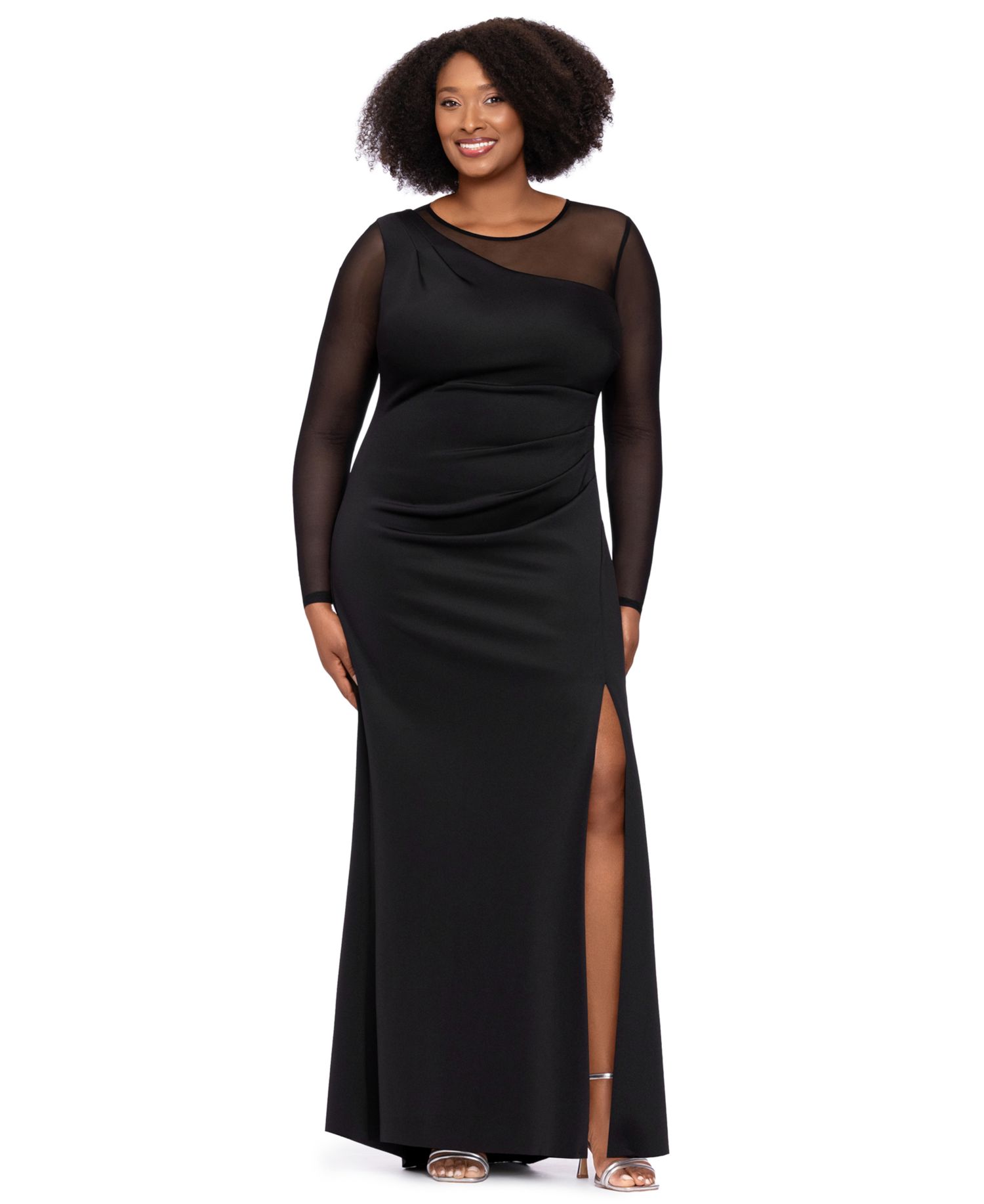 Plus Size Wedding Guest Long-Sleeve Mesh Dress