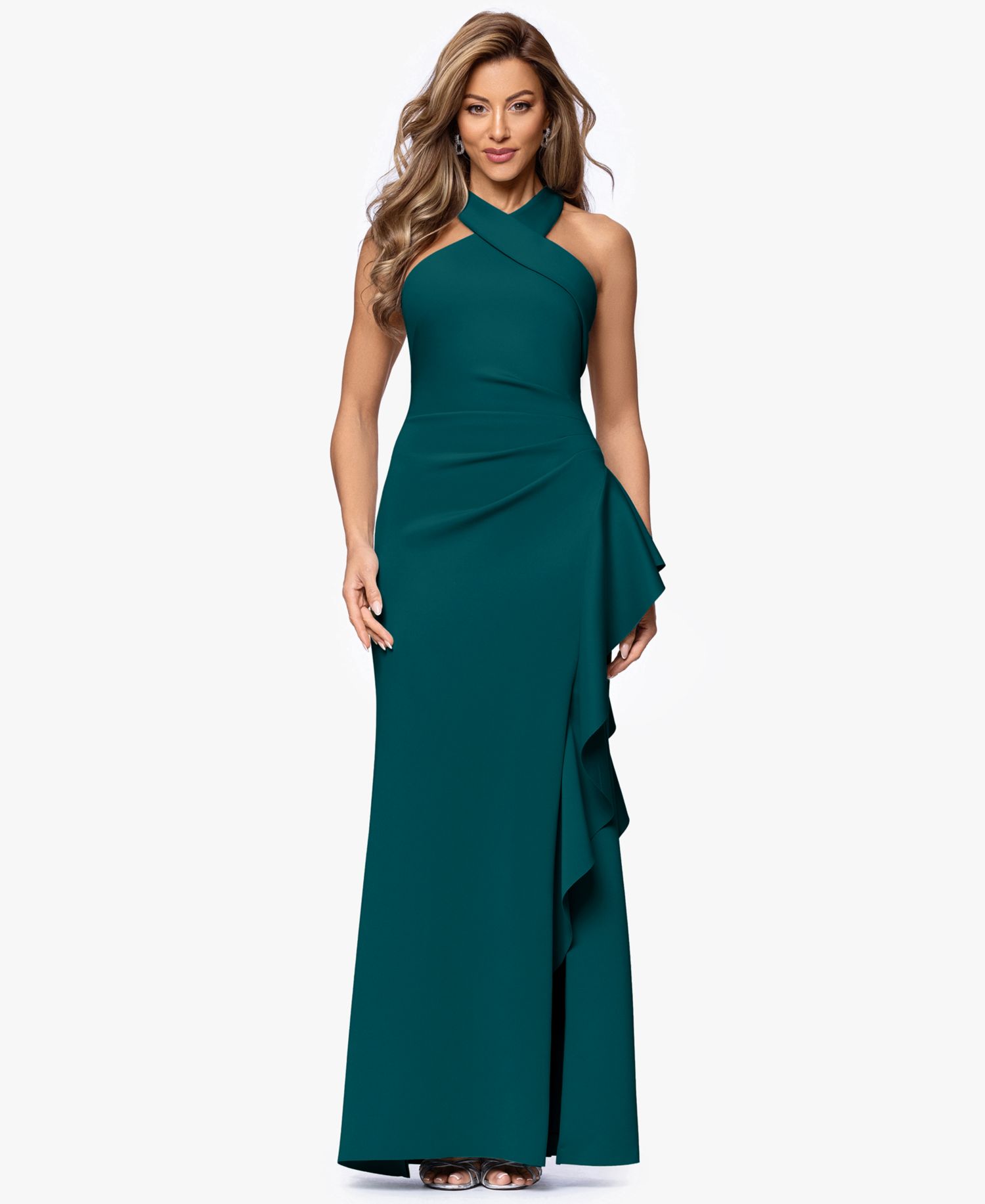 Petite Ruffled Halter Gown