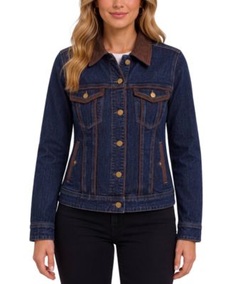 Women's Crosshatch Stretch Denim Velvet-Trim Dark-Wash Jacket