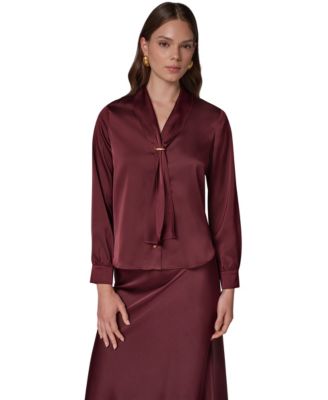 Petite Long-Sleeve V-Neck Scarf Detail Blouse