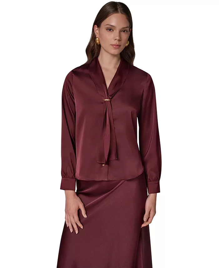 Petite Long-Sleeve V-Neck Scarf Detail Blouse