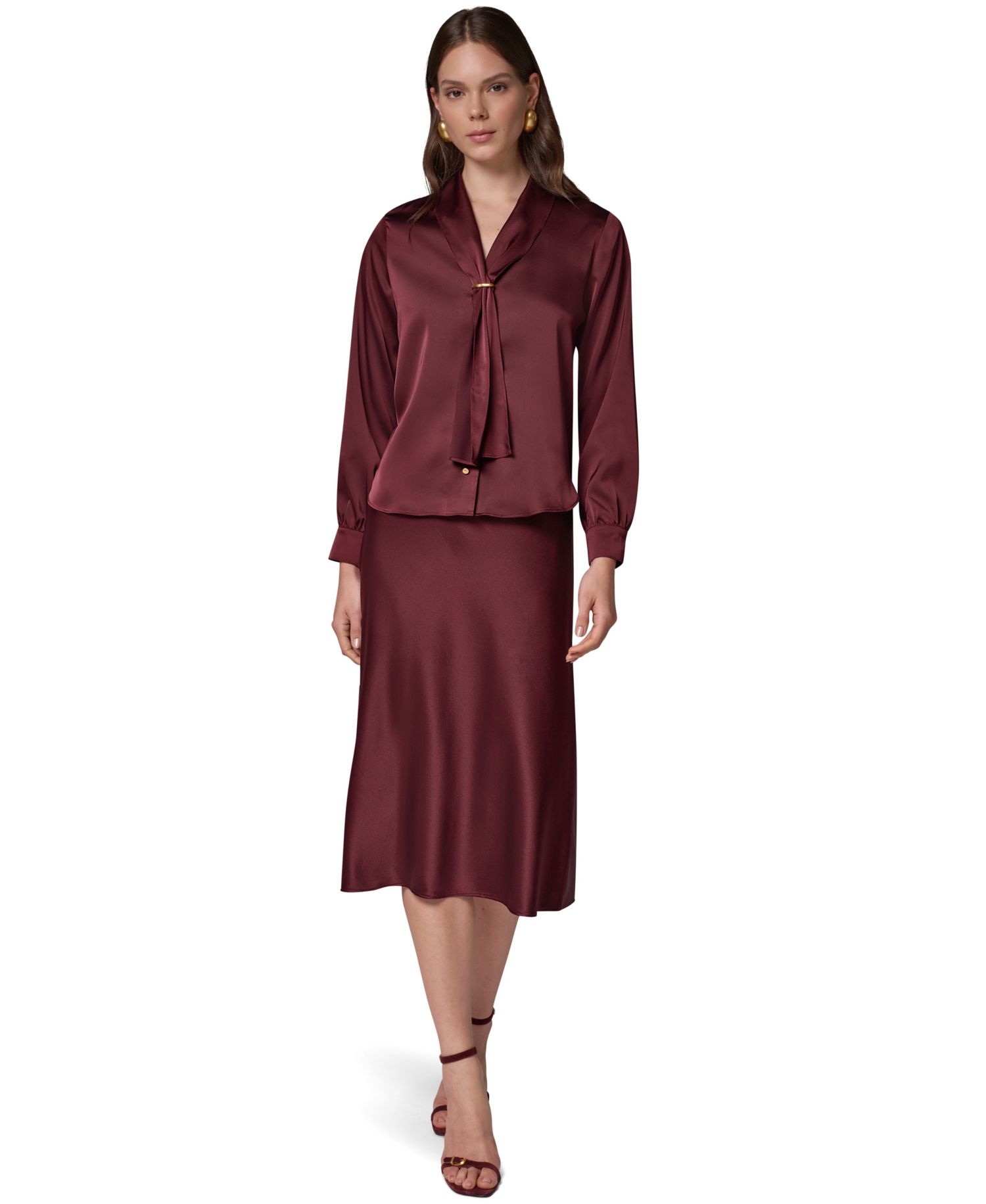 Petite Long-Sleeve V-Neck Scarf Detail Blouse