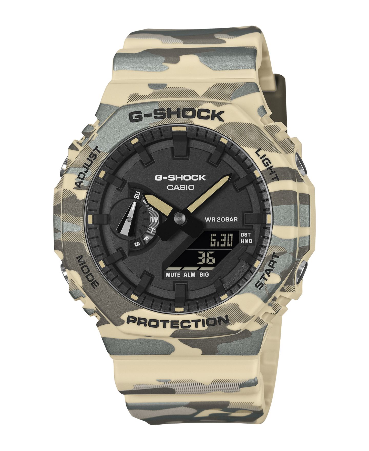 Мужские аналогово-цифровые часы G-Shock из смолы, камуфляж Tan, 45.4 мм — фото 1