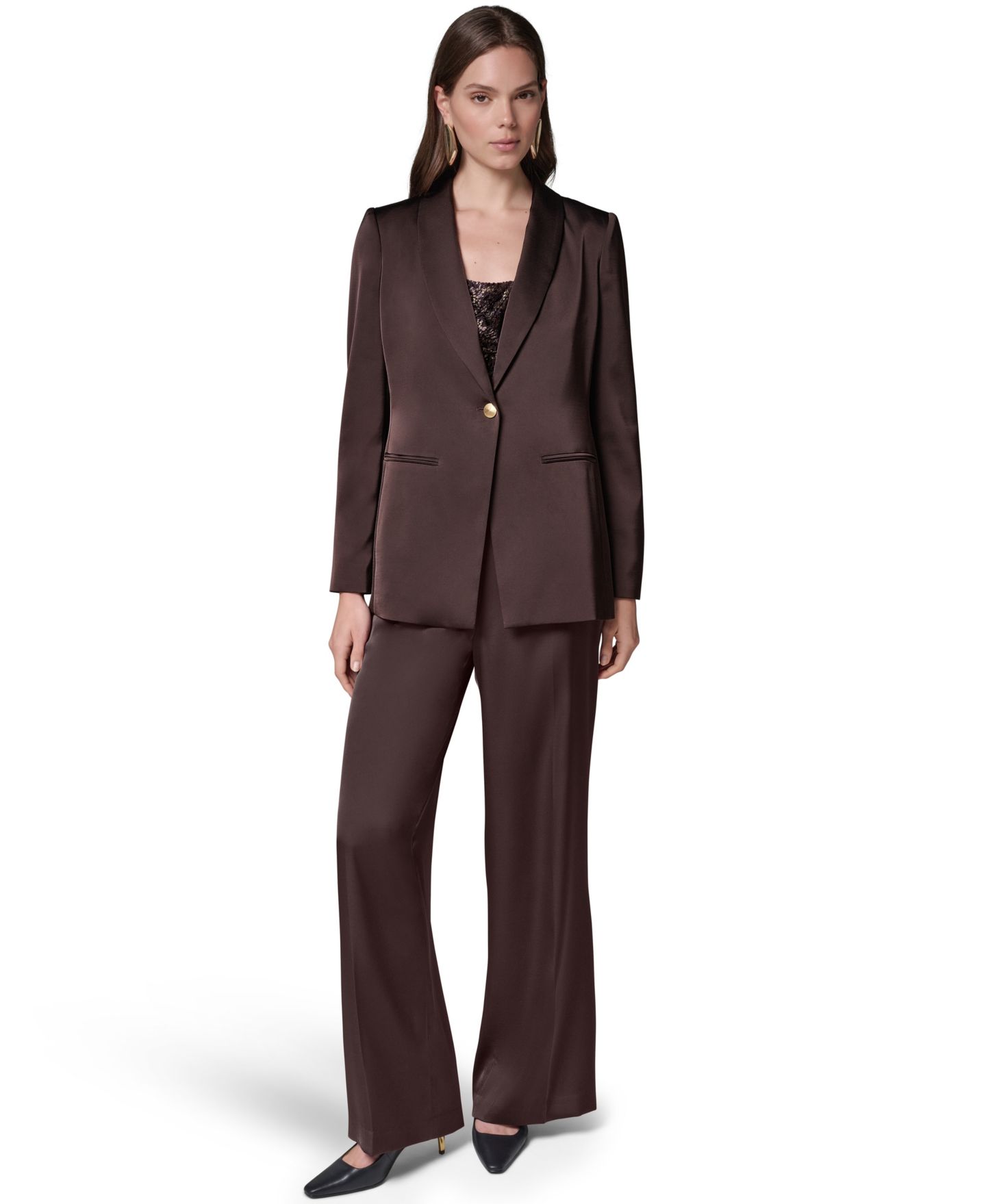 Женский пиджак Donna Karan New York Petite Satin Shawl Lapel Shoulder-Padded Blazer, цвет: Тёмно-коричневый — фото 2