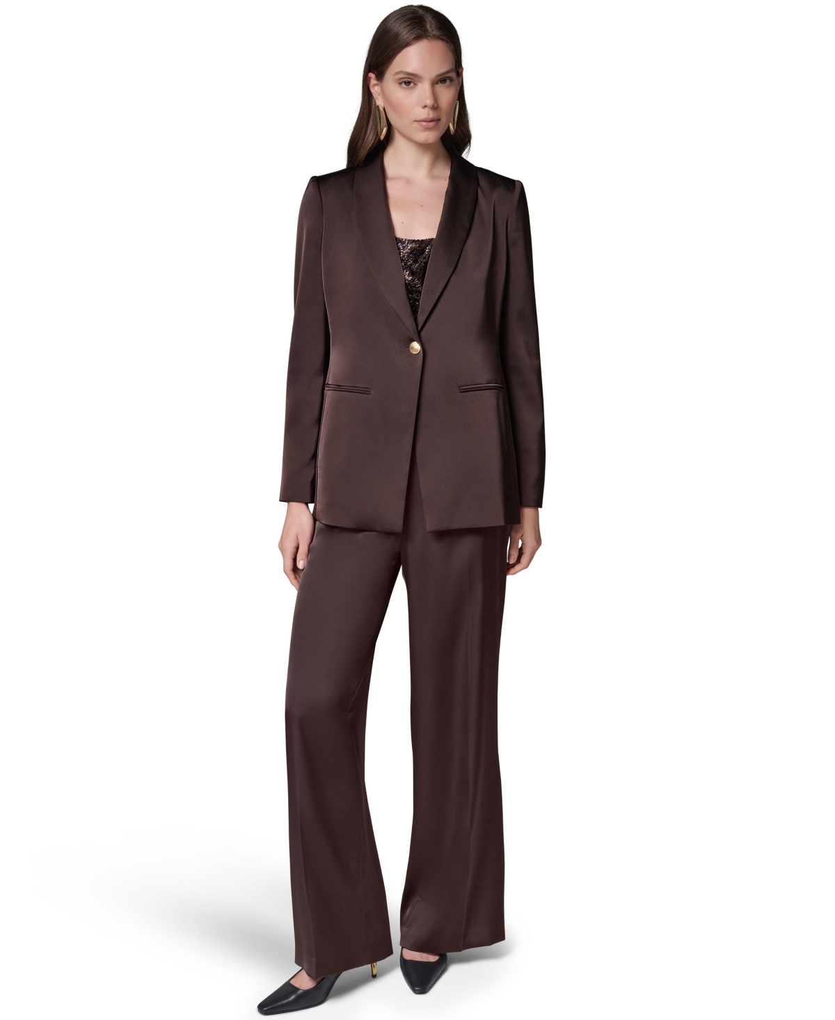 Donna Karan New York Petite Satin Shoulder-Padding Long-Sleeve Blazer