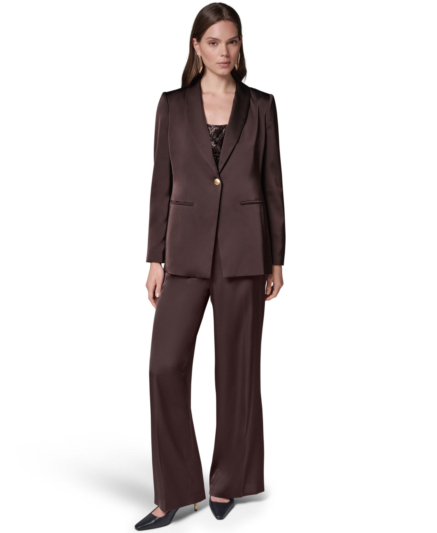 Petite Satin Shawl Lapel Shoulder-Padded Blazer
