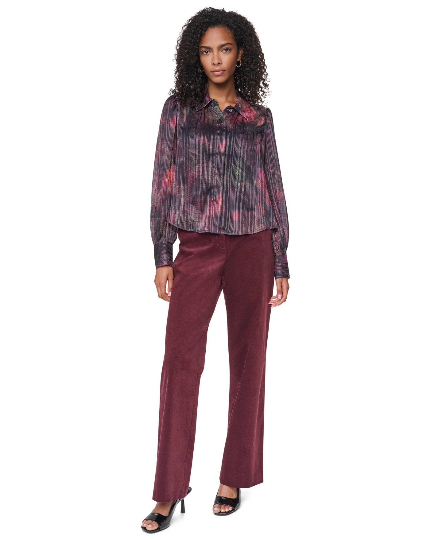 Женская блузка DKNY Petite Puff-Sleeve Button-Front Blouse, цвет: Чёрный малиновый разноцветный — фото 2