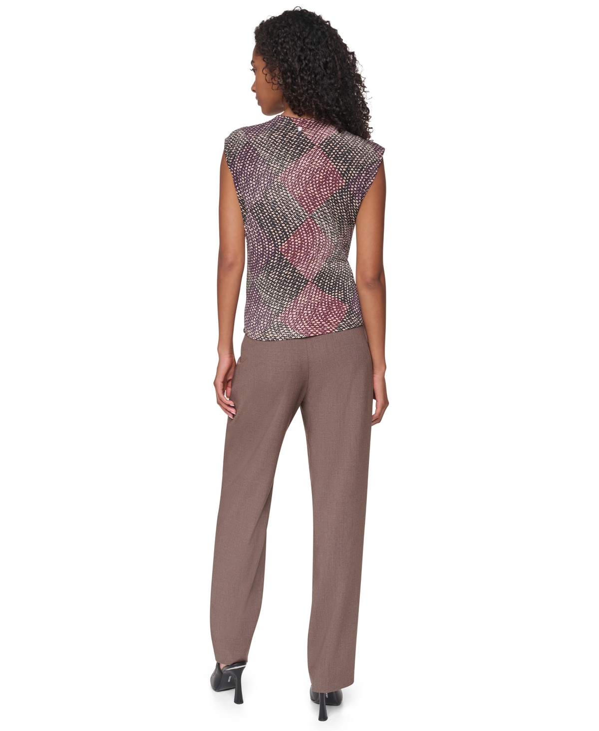 Dkny Petite Mock Neck Geometric-Print Ruched Sleeveless Blouse