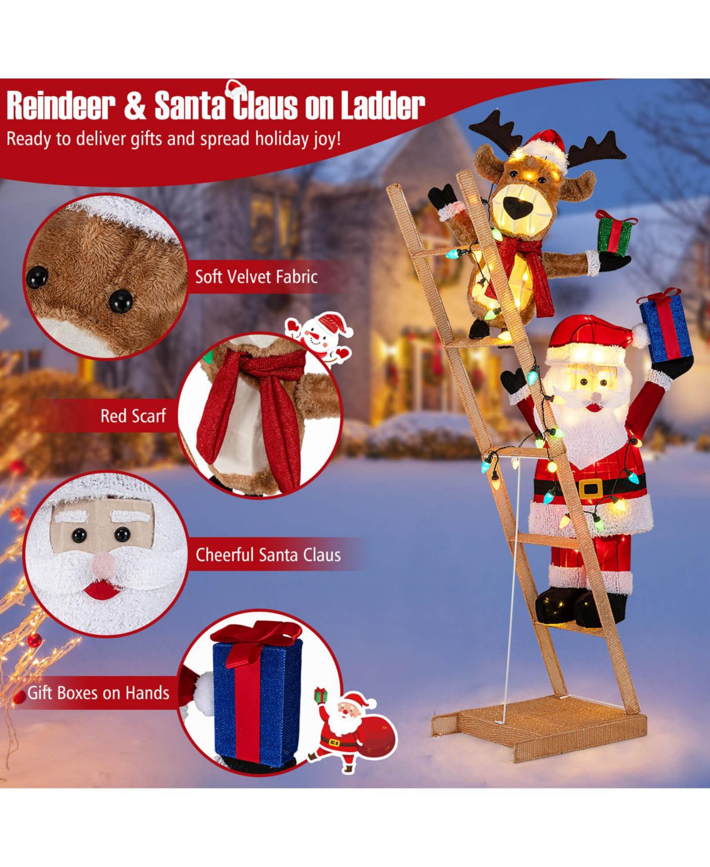 Детская игрушка Costway 5.5 FT Lighted Reindeer and Santa Claus on Ladder with 100 LED Lights, Zip Ties, цвет: Красный — фото 6