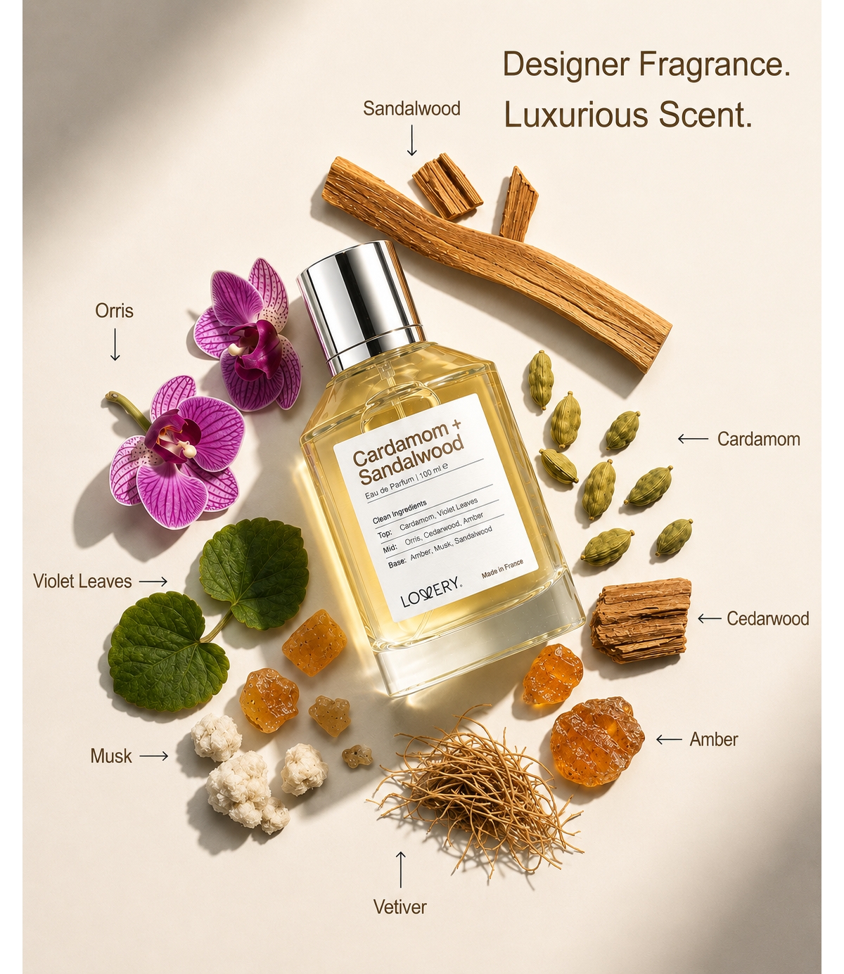 LoveryPlus Cardamom + Sandalwood Perfume Gift Set - 3.4fl oz Womens Fragrance with Travel Size Mini Perfume and Free Gift Sample