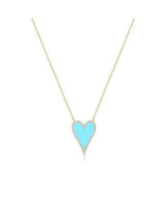 Elongated Turquoise CZ Halo Heart Necklace 14K Gold-Plated Sterling Silver