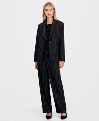 Women's 3/4-Sleeve Sequin Stretch-Jersey Boat-Neck Top, Pinstripe One-Button Blazer & Mid-Rise Wide-Leg Pants