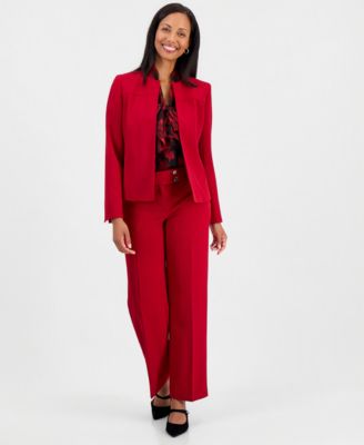 Women's Sleeveless Chiffon Tie-Neck Floral-Print Blouse, Crepe Mid-Rise Wide-Leg Pants & Collarless Seamed Jacket