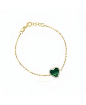 Large Malachite CZ Halo Single Heart Bracelet 14K Gold-Plated Sterling Silver