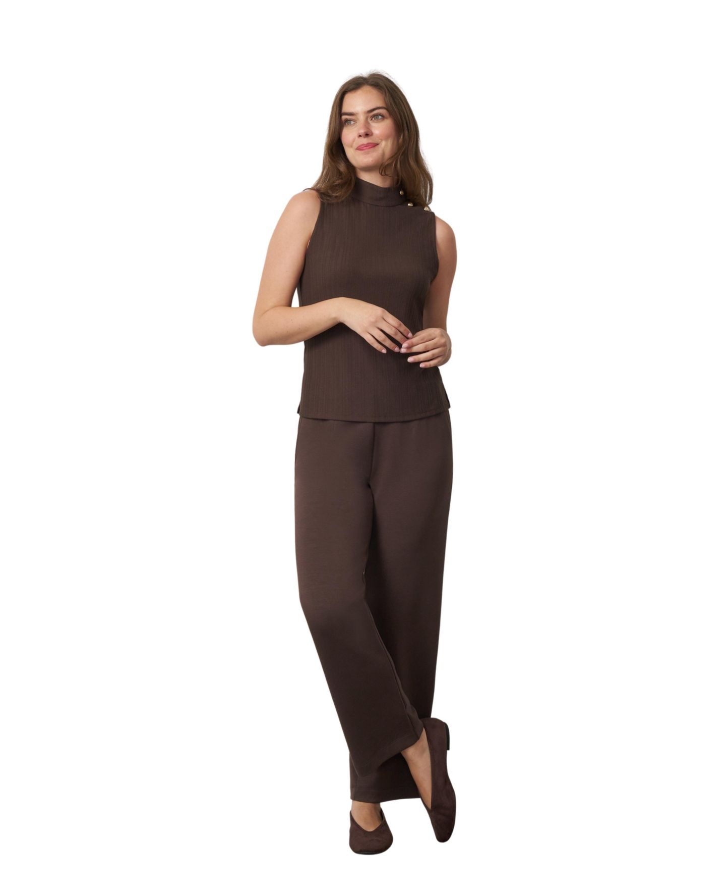 Cable & Gauge Women's Rib-Knit Mock Neck Shell, Overlay, and Pants 3-Piece Set, цвет: Шоколадный коричневый — фото 2