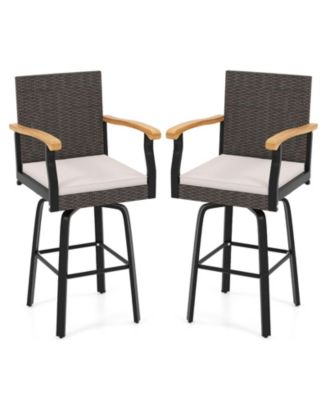 2Piece 29'' Outdoor 360-Degree Swivel Bar Stool w/Cushion Acacia Wood Armrests Footrest