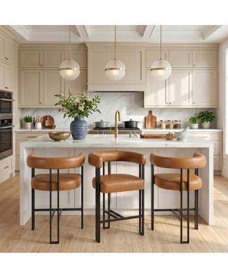 Modern Counter-Height Bar Stools Set of 3 With Arms, Faux Leather Upholstery, Metal Legs With Footrest, 25" Seat Height