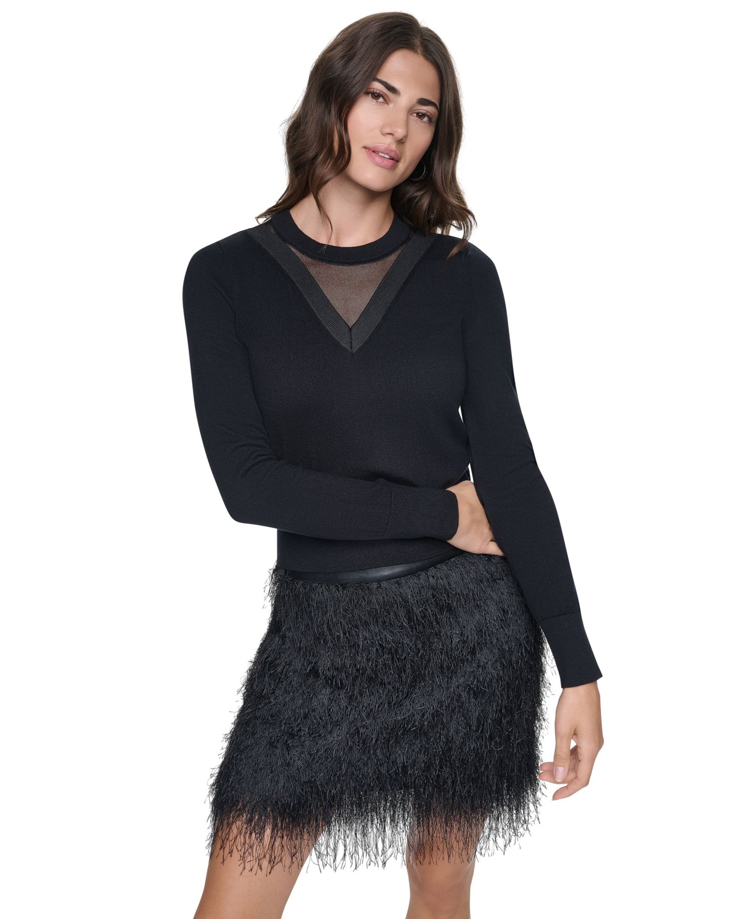 Women's Double V-Neck Mesh Window Detail Long-Sleeve Pullover