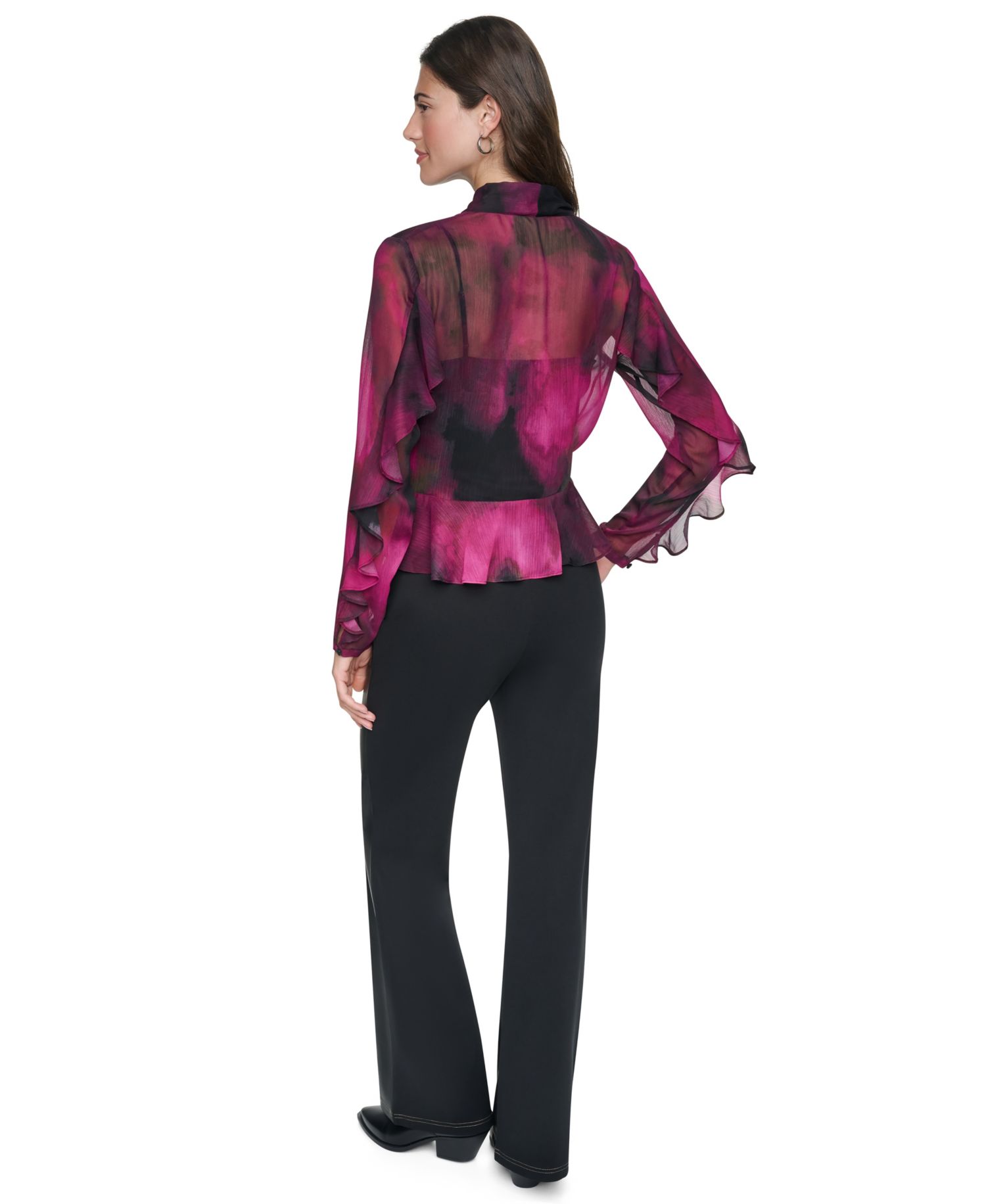 Women's Long-Sleeve Wavy Print Tie-Neck Chiffon Blouse