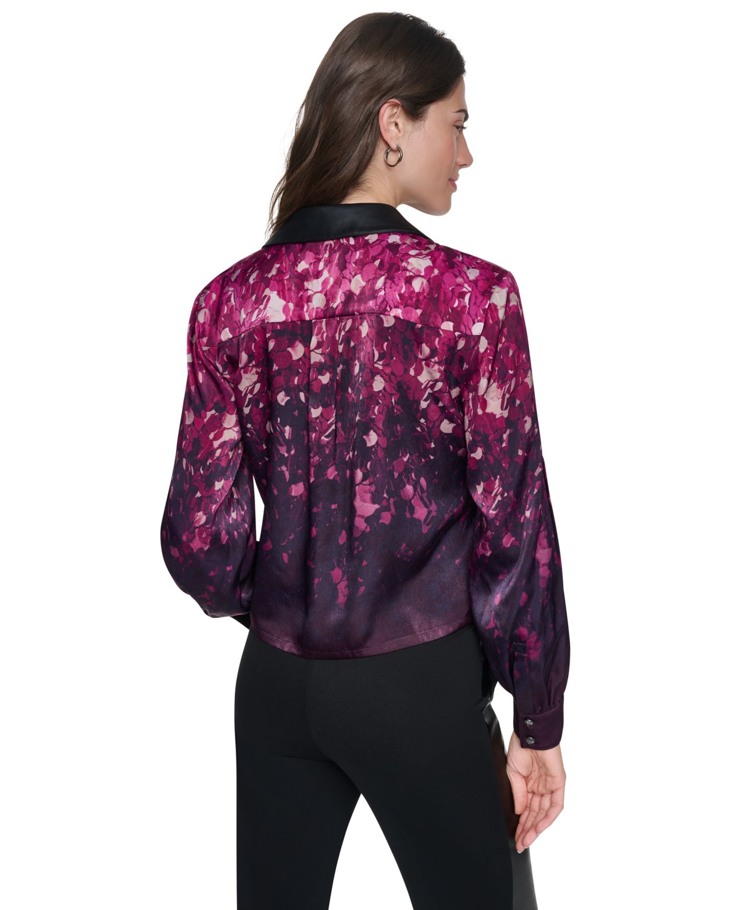Women's Long-Sleeve Button-Down Faux Leather Collar Blouse