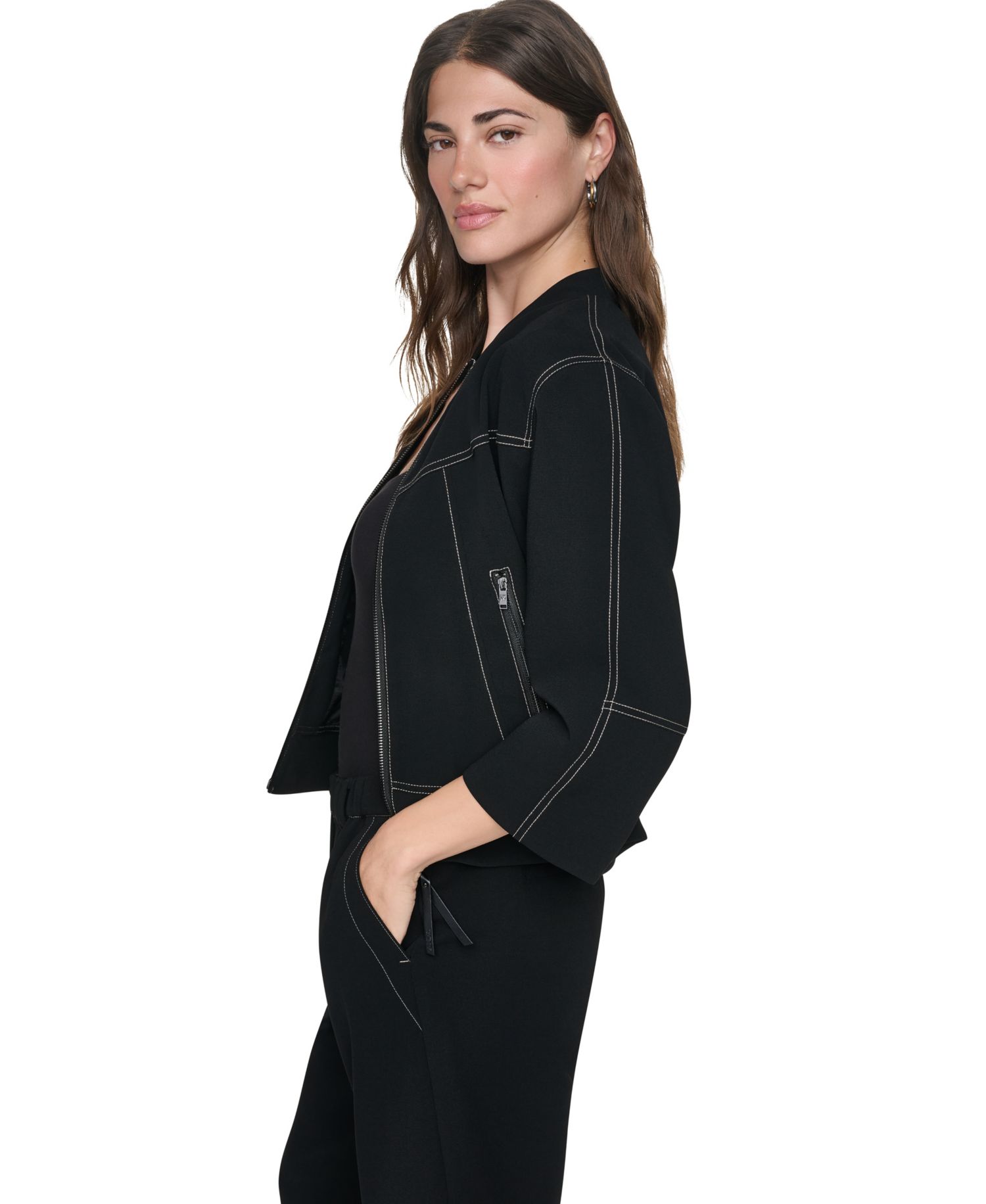 Women's 3/4-Sleeve Contrast-Stitch Cropped Jacket