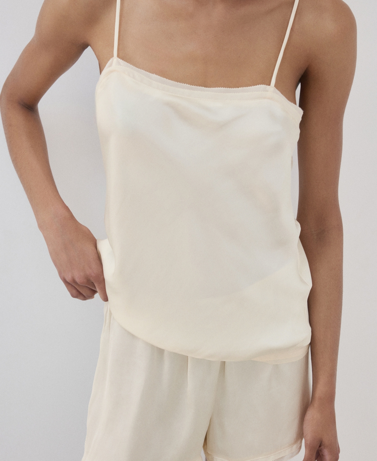 Mango Women's Satin Lace-Trim Pajama Top