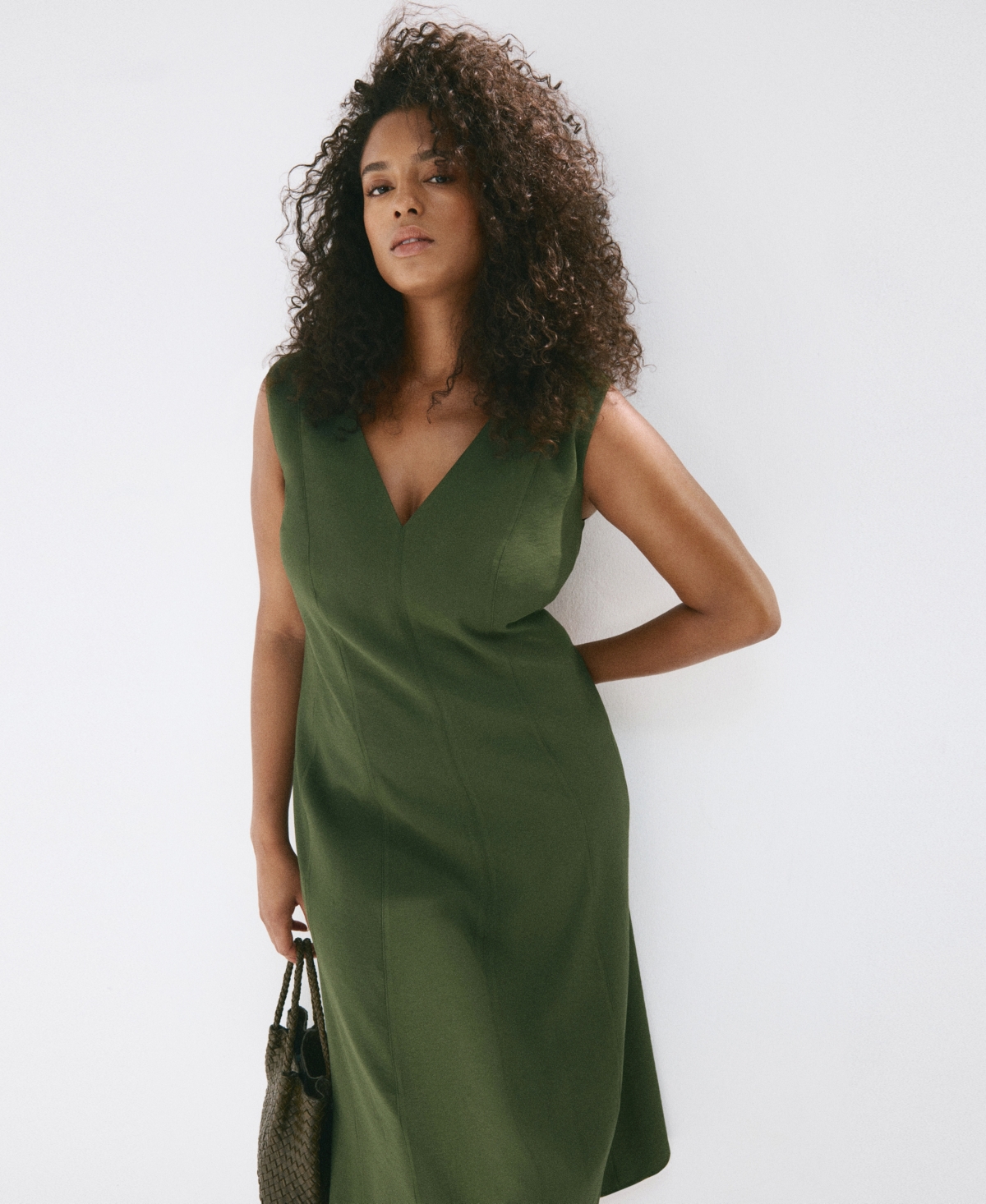 Mango Women's Sleeveless V-Neck Midi Seam-Detail Dress