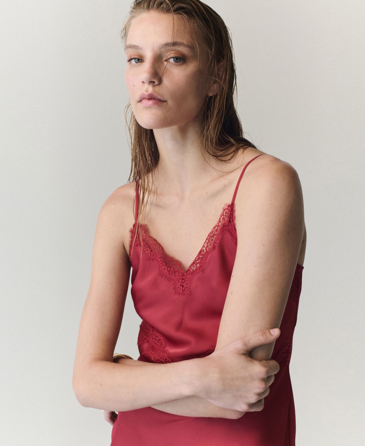 Women's Satin Lace V-Neck Midi Dress