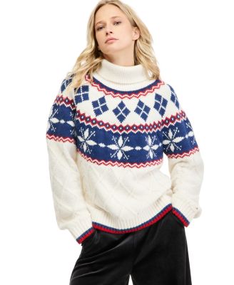 Women's Fair-Isle Cable-Knit Mock-Neck Sweater