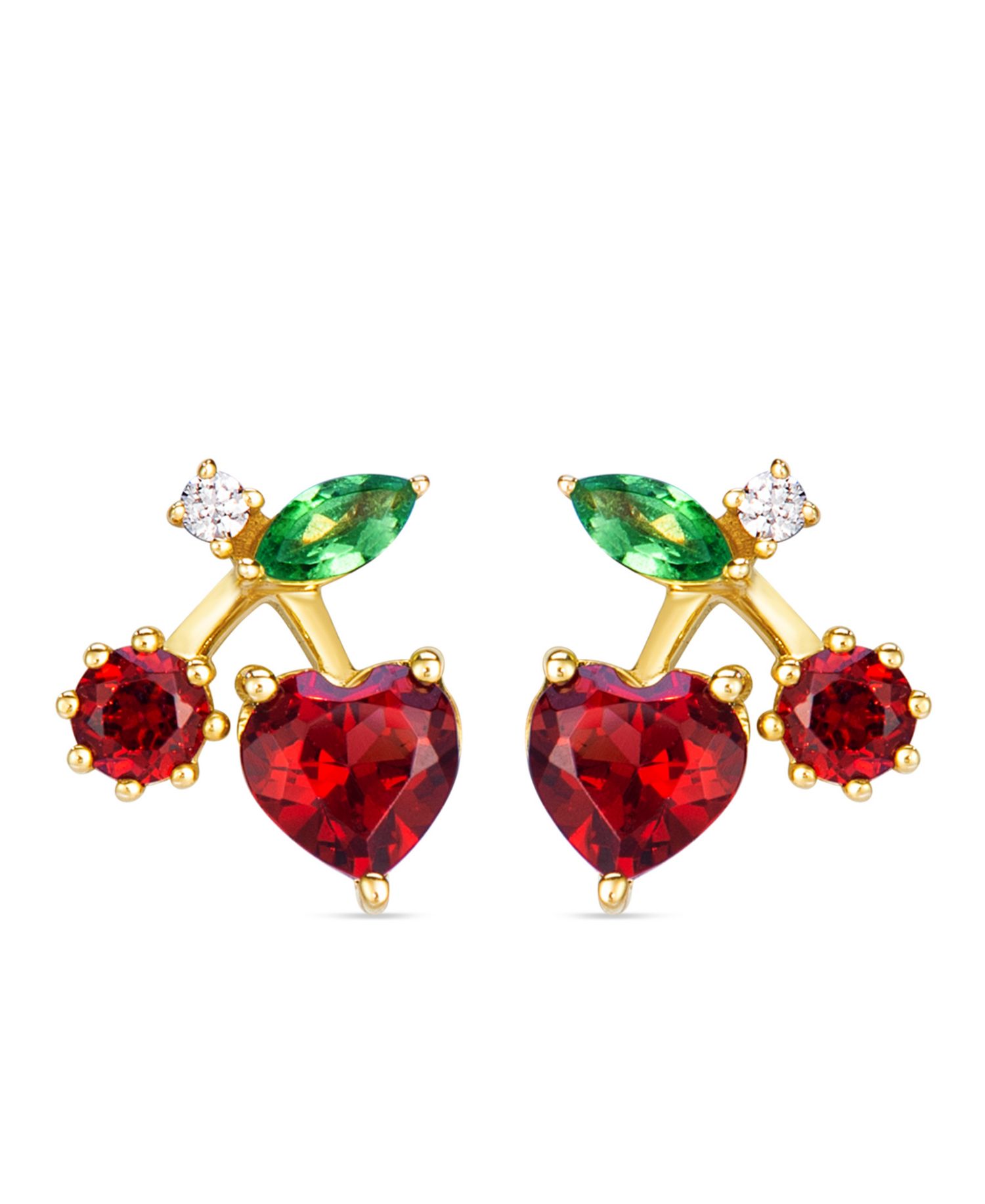 Garnet, Tsavorite & Diamond (0.03 ct. t.w.)Cherry Stud Earrings in 14k Honey Gold