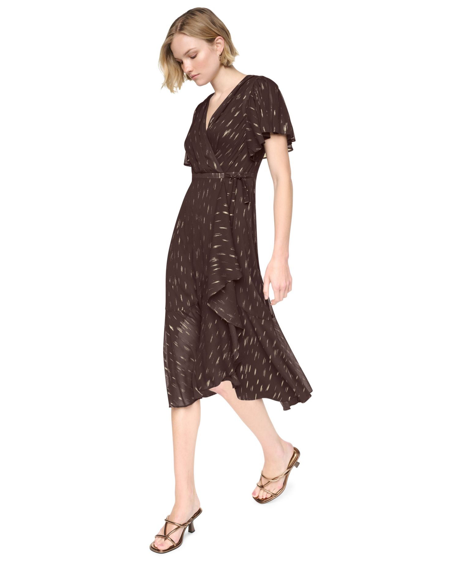 Women's Flutter-Sleeve Ruffle V-Neck Midi Dress