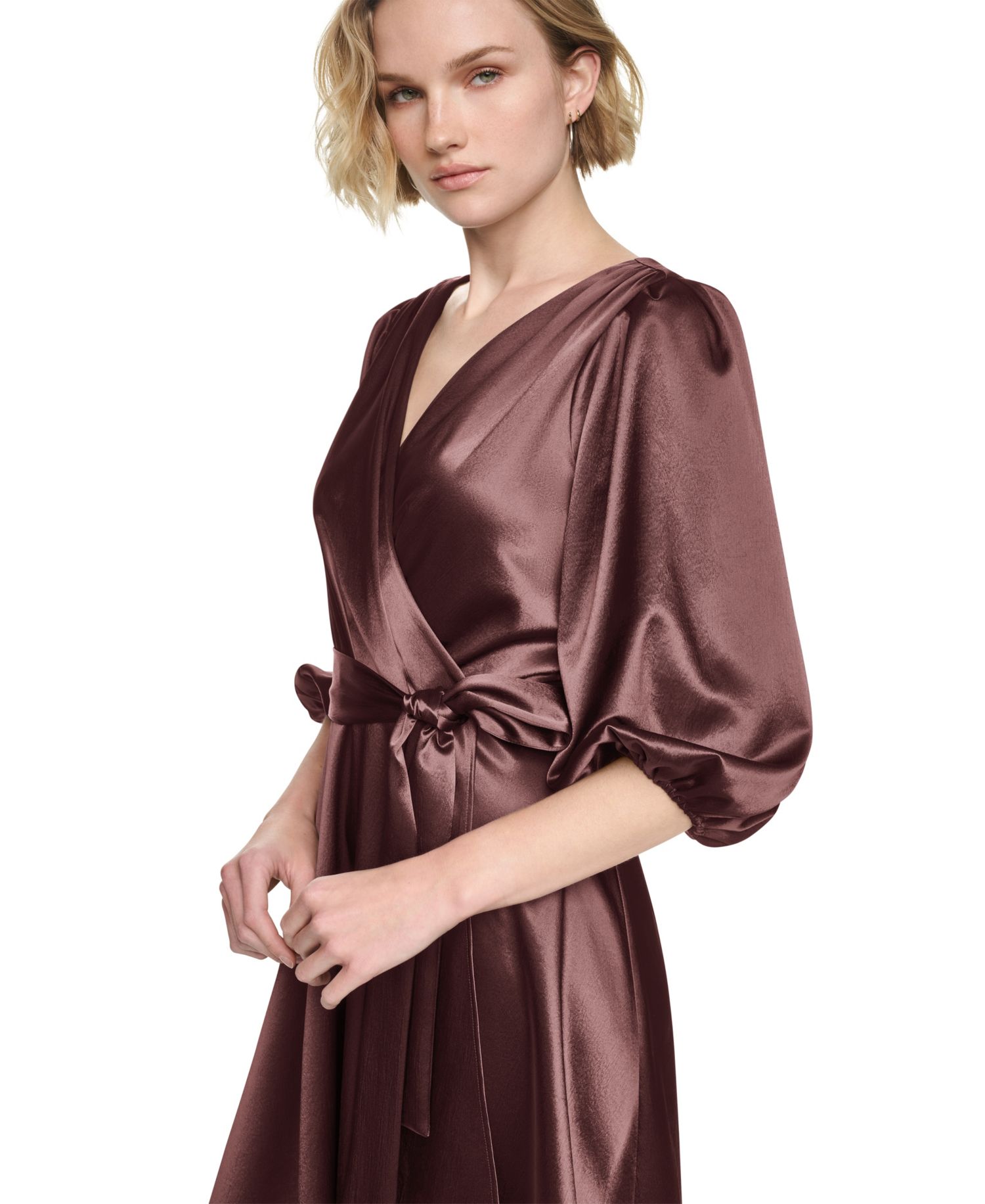 Women's Balloon-Sleeve Satin Faux-Wrap Dress