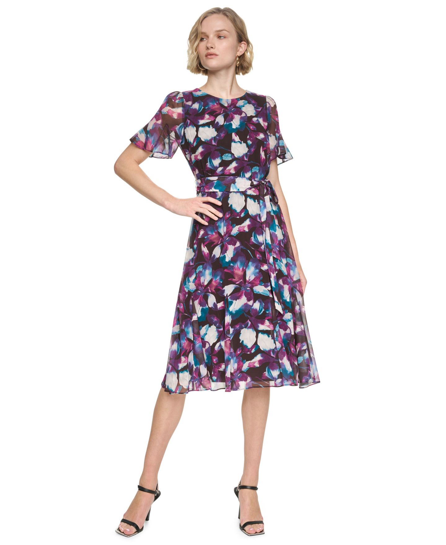 Женское платье DKNY Floral-Print A-Line Godet Sleeve Midi, цвет: Шоколадный сливовый / Кипарисовый — фото 2