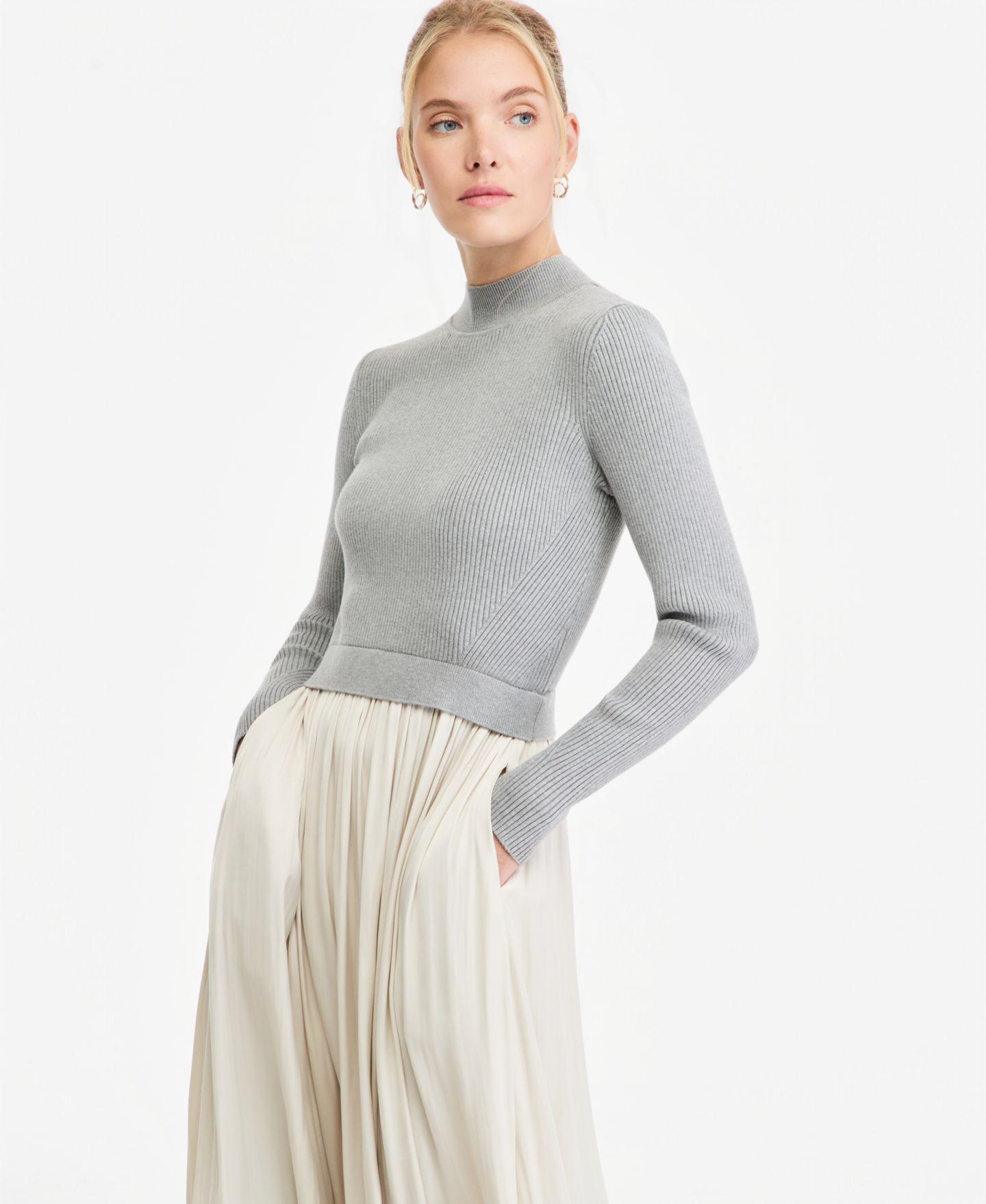 Женское платье On 34th Mock Neck Long Sleeve Sweater Mixed Media Midi, цвет: Слоновая кость — фото 3