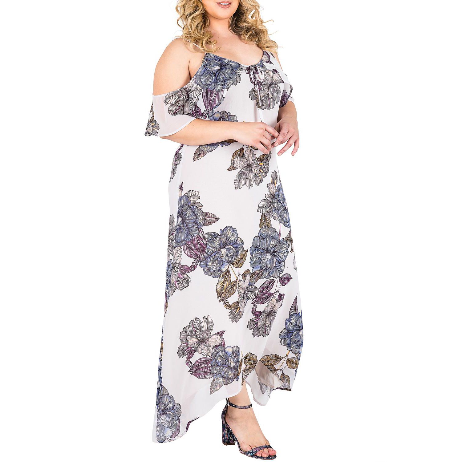 Plus Size Floral Chiffon Cold Shoulder Ruffle Dress