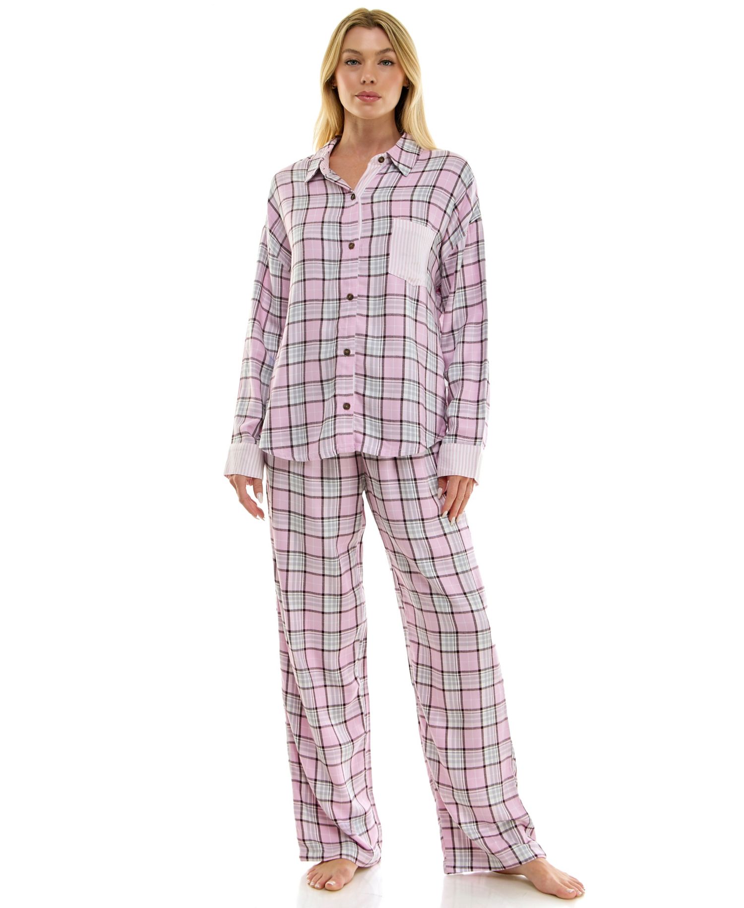 Women's Flannel Collared Long-Sleeve Shirt and Pant Pajama Set