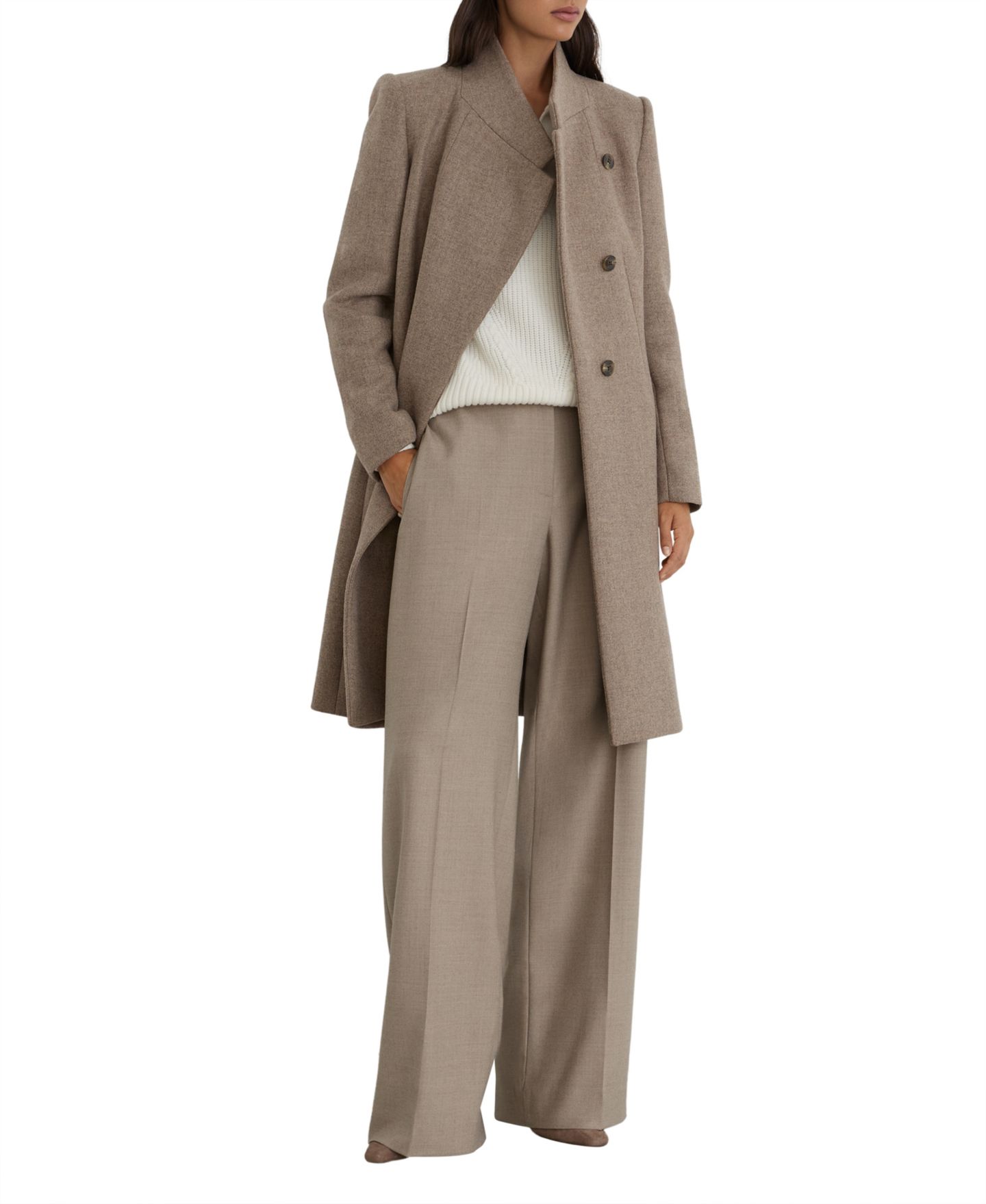 Женское пальто REISS Max Tailored Wool-Blend Wrapover Mid-Length, цвет: Нейтральный — фото 2