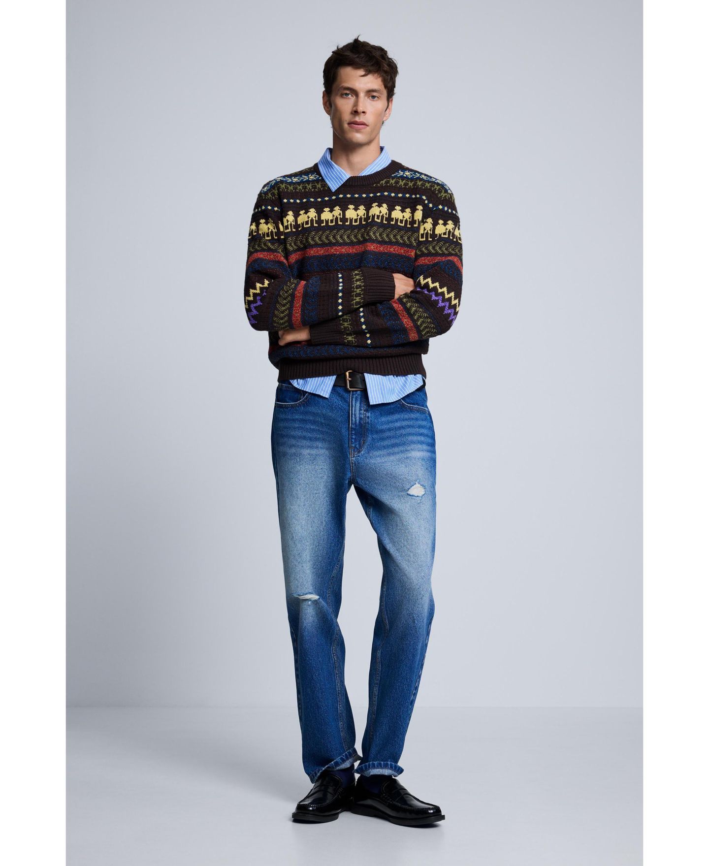 Мужской свитер Desigual Crewneck Long-Sleeve Sweater, цвет: Коричневый — фото 4